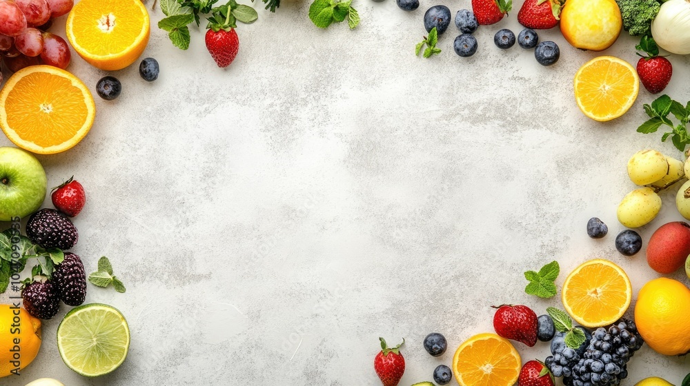 Top view of assorted fruits and vegetables on a clean background, leaving plenty of space for copy Top view of assorted fruits and vegetables on a clean background, leaving plenty of space for copy