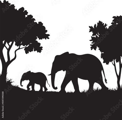 Elephant And Baby Scene Silhouette Vector Graphic