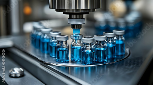 Glass Vials Filled with Blue Liquid on a Conveyor Belt - Industrial Photo