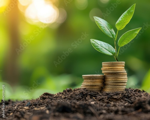 A green plant growing from stacks of coins, symbolizing sustainable investment and financial growth. photo