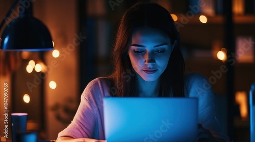 Chat Bot Chat with AI or Artificial Intelligence technology. Woman using a laptop computer chatting with an intelligent artificial intelligence asks for the answers he wants. ChatGPT, photo