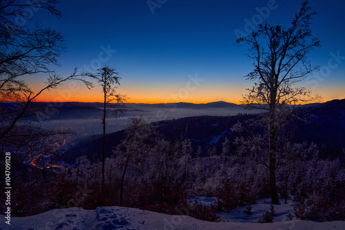 Traveling in the mountains in winter at dawnbreak. Best way to spend free time in cold weather #1047091128