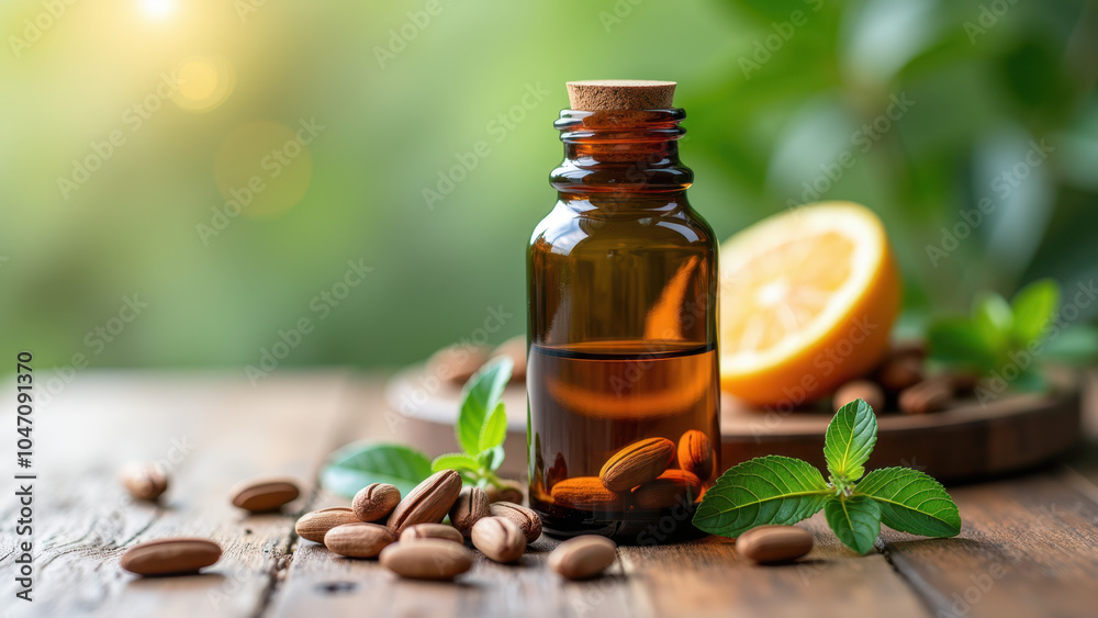 A bottle of oil with coffee beans and a lemon. A bottle of oil with coffee beans and a lemon.