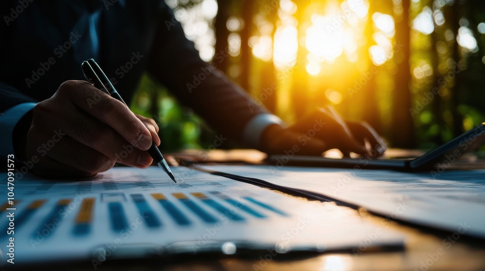 Person analyzing business charts outdoors with sunset lighting. Person analyzing business charts outdoors with sunset lighting.