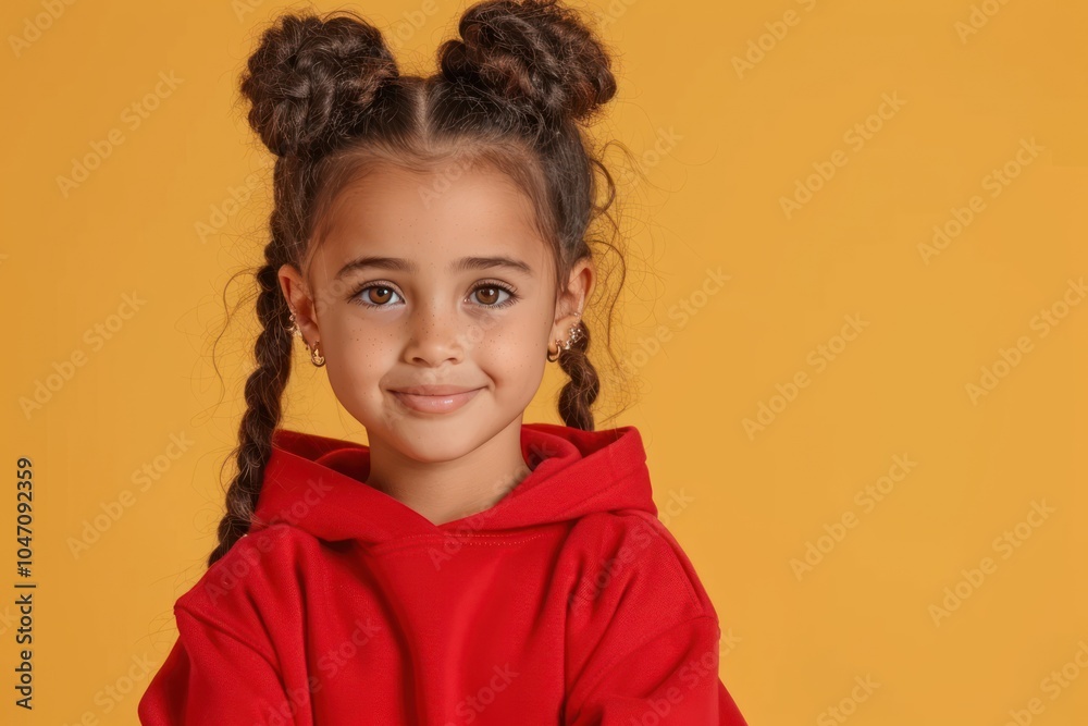 Smiling African American Child Model in Red Sweatshirt Standing in Fashion Studio Smiling African American Child Model in Red Sweatshirt Standing in Fashion Studio