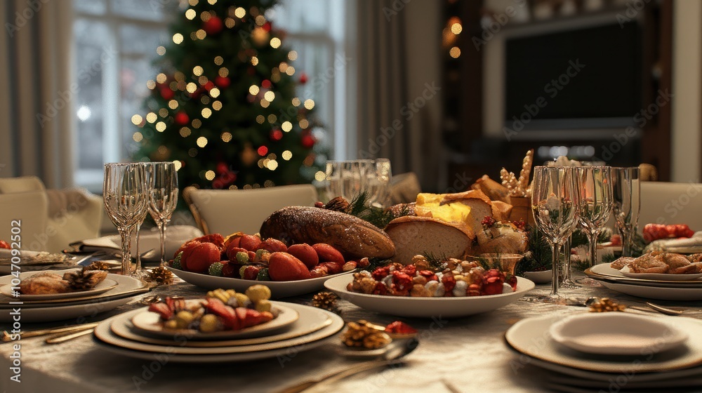 Christmas Dinner table full of dishes with food and snacks, New Year's decor with a Christmas tree on the background. Christmas Dinner table full of dishes with food and snacks, New Year's decor with a Christmas tree on the background.