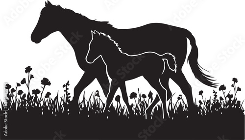 Horse and Foal Silhouette Vector Graphic Illustration