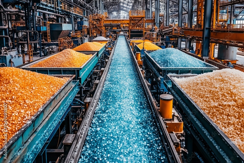 Industrial Conveyor Belt System With Multiple Streams of Small Pebbles Industrial Conveyor Belt System With Multiple Streams of Small Pebbles