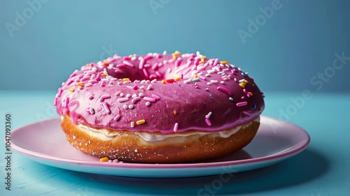 Wallpaper Mural A pink frosted donut with sprinkles sits on a plate on a blue background Torontodigital.ca