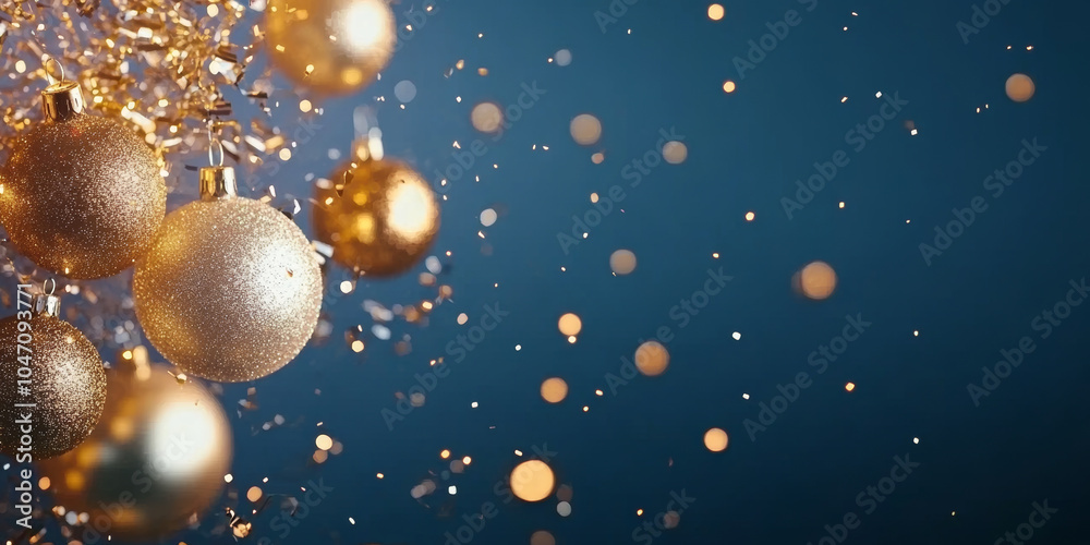 Sparkling Christmas ornaments in gold and silver create festive atmosphere, surrounded by shimmering confetti and soft bokeh lights. scene evokes joy and celebration Sparkling Christmas ornaments in gold and silver create festive atmosphere, surrounded by shimmering confetti and soft bokeh lights. scene evokes joy and celebration