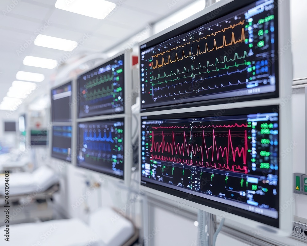 Heart monitors displaying vital signs in a modern hospital setting. Heart monitors displaying vital signs in a modern hospital setting.