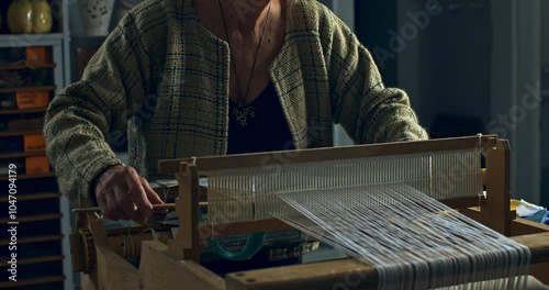 Super slow motion close up of female artisan skillfully working with woven weaving machine, using threads or yarns to craft cloth textile piece in her workshop studio at 1000 fps. 