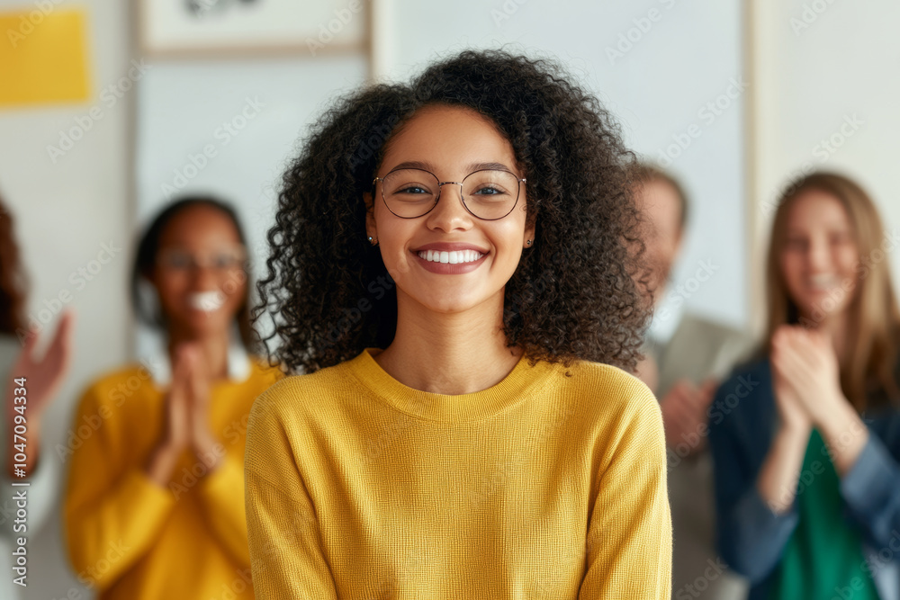 A joyful woman with curly hair and glasses smiles confidently in warm yellow sweater, surrounded by supportive group of people clapping in background A joyful woman with curly hair and glasses smiles confidently in warm yellow sweater, surrounded by supportive group of people clapping in background