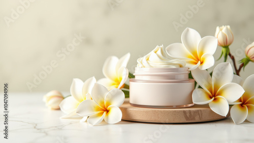 A product display featuring skincare items and flowers.