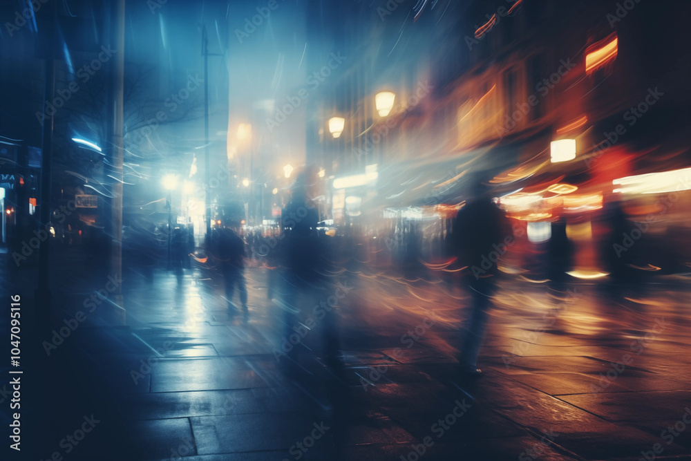 Abstract City Street at Night with Blurred Lights and People Abstract City Street at Night with Blurred Lights and People