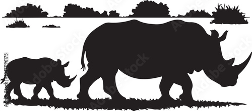 Rhino and Baby Silhouette Vector Graphic