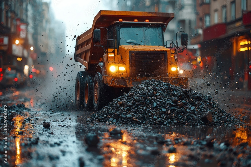 Yellow Dump Truck Dumps Gravel On Wet Street Yellow Dump Truck Dumps Gravel On Wet Street