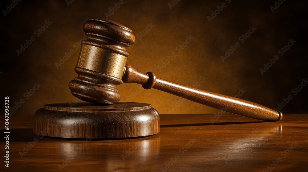 A wooden hammer resting on a wooden table. Include elements representing a courtroom setting, such as a male cellmate, a gavel, and a judge’s bench. A wooden hammer resting on a wooden table. Include elements representing a courtroom setting, such as a male cellmate, a gavel, and a judge’s bench.