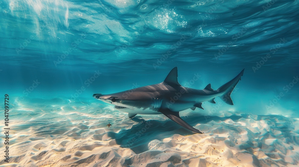 Fototapeta premium A Hammerhead Shark Swimming in Shallow Water