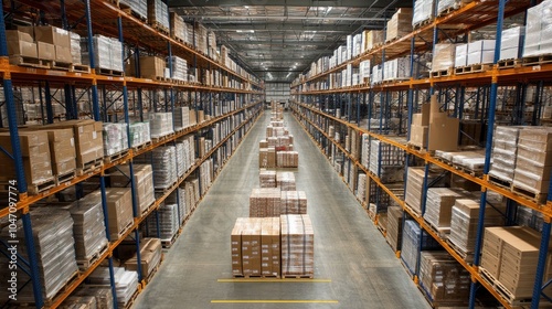 A spacious warehouse filled with neatly stacked pallets and boxes, designed for storage and logistics. photo