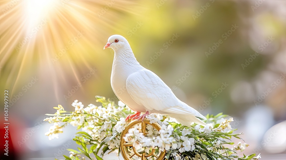 Fototapeta premium A peaceful dove, pure and white, sits gracefully on a radiant golden symbol, a visual embodiment of global harmony and unity.