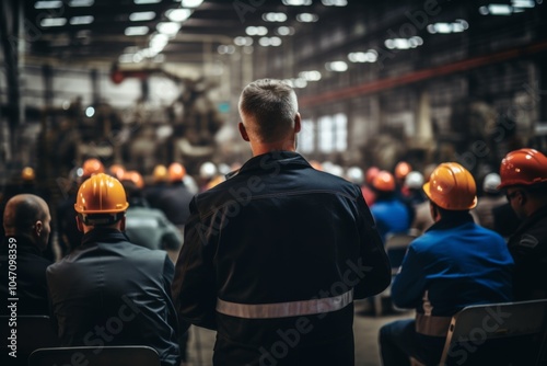 Factory employees having safety meeting in the factory