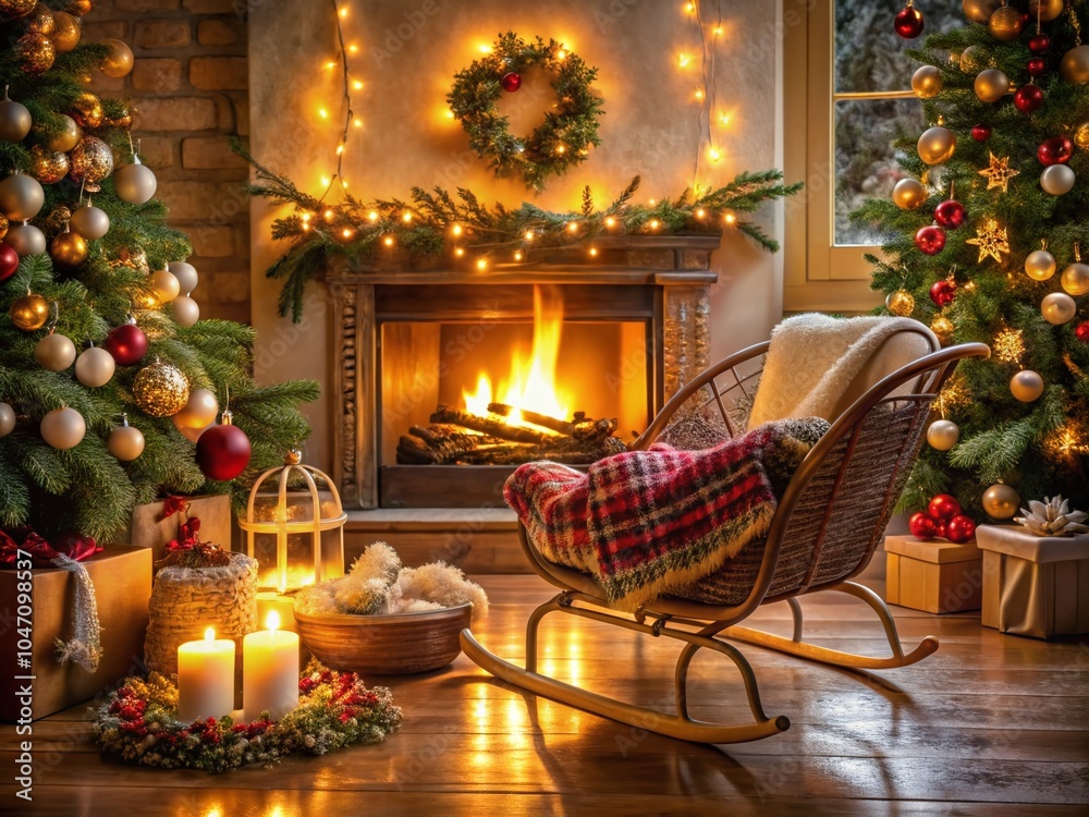 Obraz premium Enchanting Christmas Cradle Scene with Festive Decor and Warm Lighting