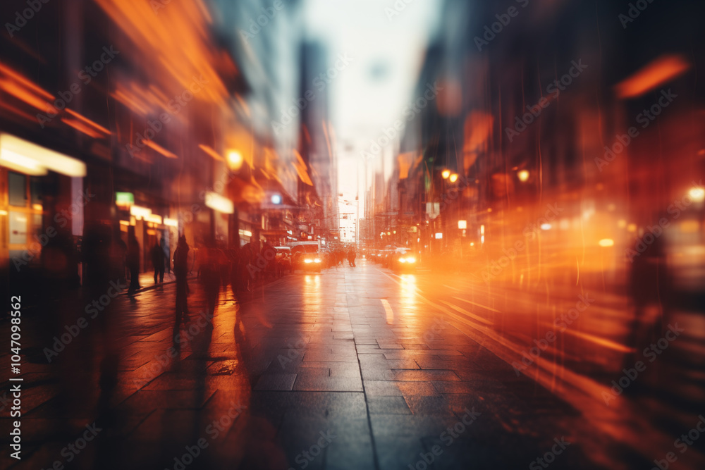 Blurred City Street at Sunset with People Walking