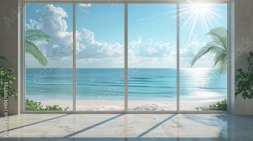 A view from a large window showing an ocean, beach, and palm trees.