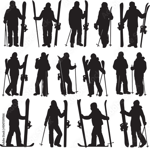Winter Sports Ski Snowboarding People Silhouette Vector Set