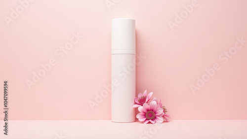 Pink background with a single flower and a clear cosmetic product.