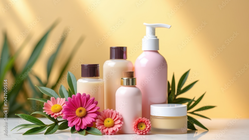 A collection of skincare products in shades of pink and beige, including body wash, moisturizers, and hand sanitizer. A collection of skincare products in shades of pink and beige, including body wash, moisturizers, and hand sanitizer.