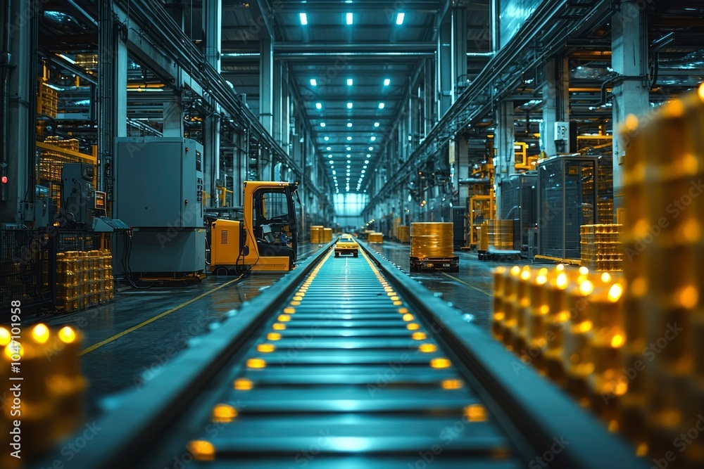 Fototapeta premium Industrial Conveyor Belt System with Yellow Forklift and Stacks of Products in a Modern Factory