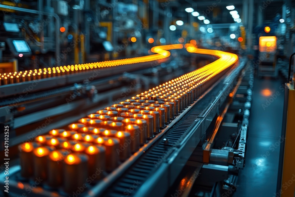 Conveyor Belt with Illuminated Cylinders in a Factory Setting Conveyor Belt with Illuminated Cylinders in a Factory Setting