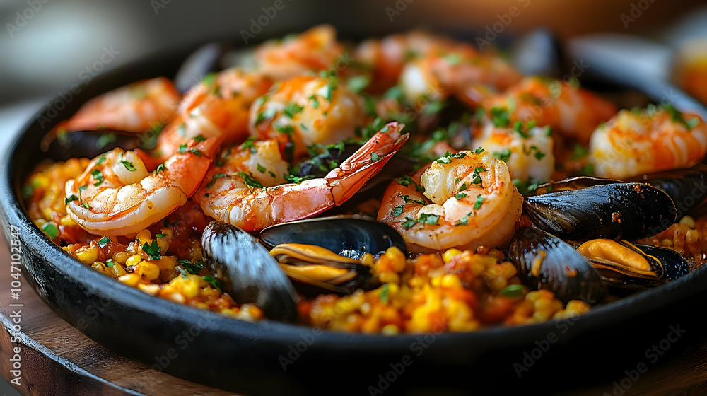 Seafood Paella with Shrimp, Mussels, and Saffron Rice - Food Photography Seafood Paella with Shrimp, Mussels, and Saffron Rice - Food Photography