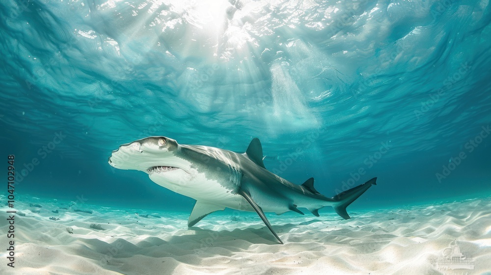 Fototapeta premium Hammerhead Shark Swimming Above Sandy Ocean Floor