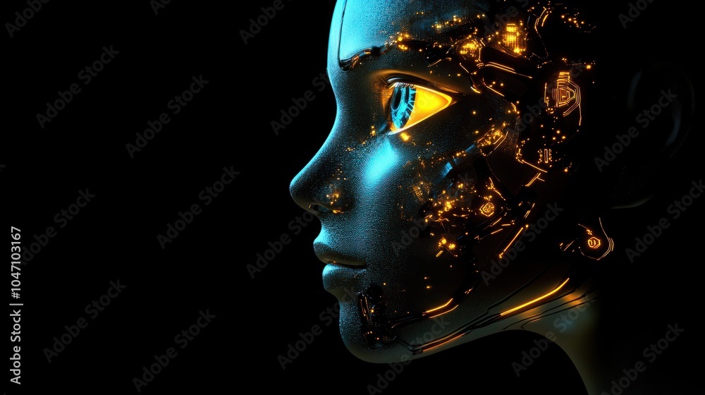 Side view of a humanoid head with blue and yellow eyes and vibrant neon neural network, representing futuristic technology and artificial intelligence. Generative AI Side view of a humanoid head with blue and yellow eyes and vibrant neon neural network, representing futuristic technology and artificial intelligence. Generative AI