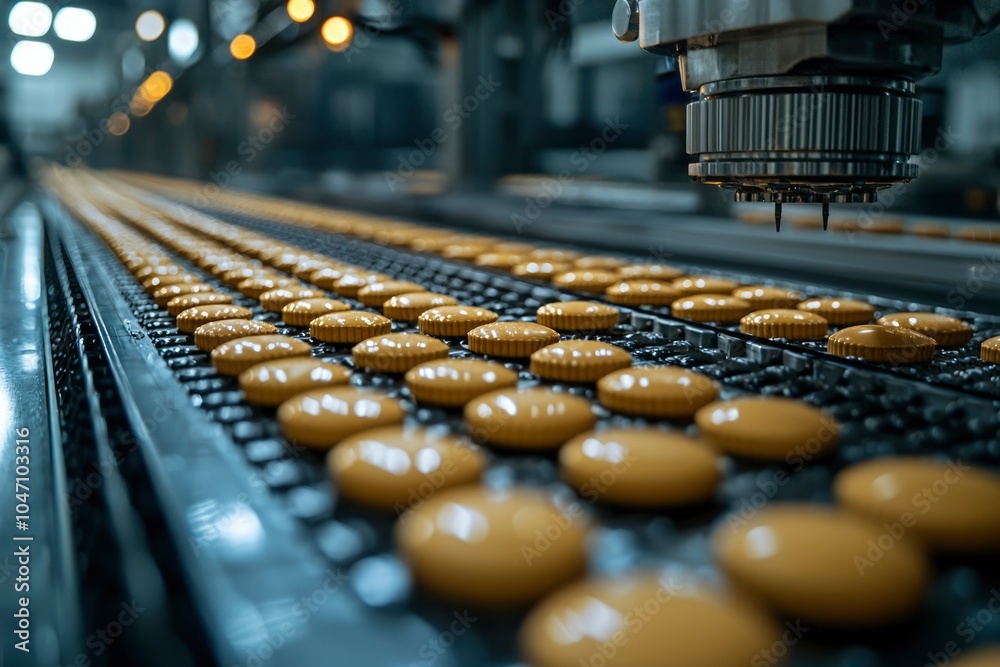 Fototapeta premium Close-up of Cookies on a Conveyor Belt in a Factory