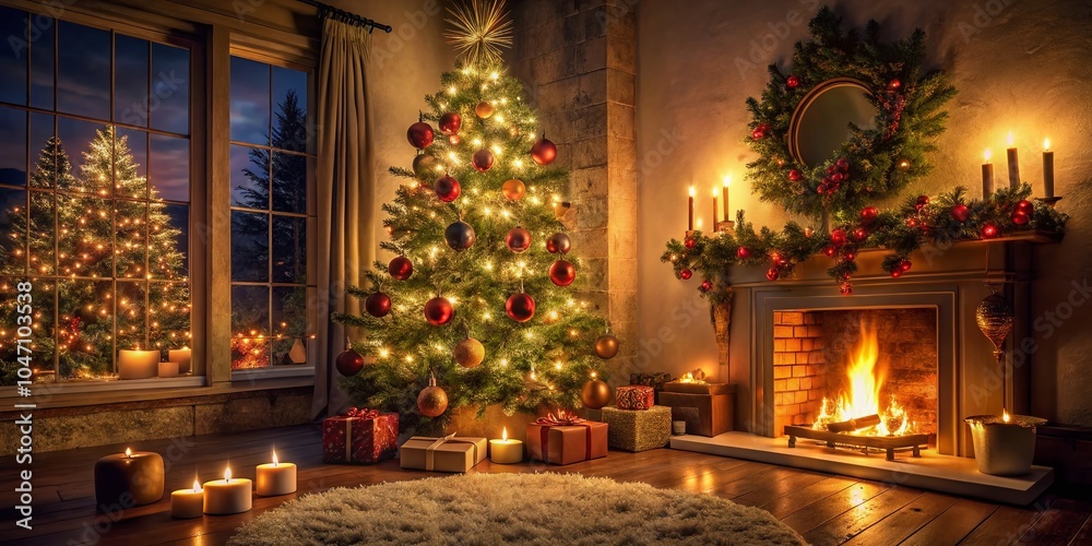Enchanting Low Light Christmas Scene with Twinkling Lights and Cozy Atmosphere Enchanting Low Light Christmas Scene with Twinkling Lights and Cozy Atmosphere