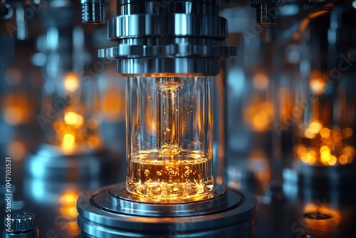 Close-up of a Glass Cylinder Filled with a Glowing Yellow Liquid in a Metallic Industrial Machine