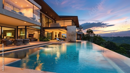 Modern Home with Infinity Pool Overlooking Sunset and Hills