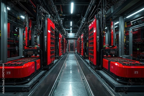 Rows of Red Server Racks in a Modern Data Center photo