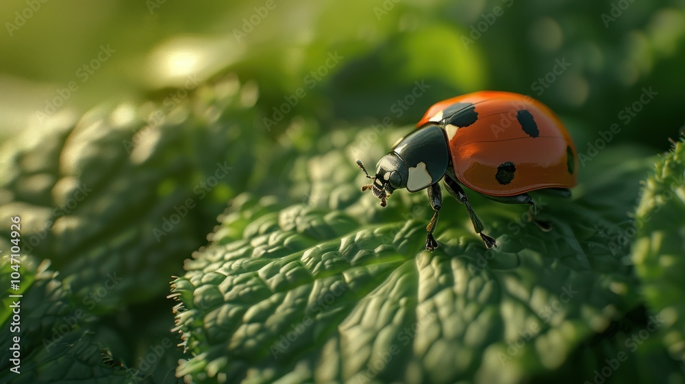 Obraz premium Ladybug on a Green Leaf in Sunlight