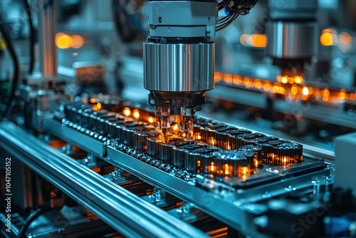 Close-up of a robotic arm inserting components onto an assembly line.