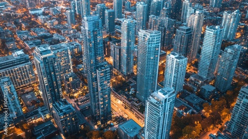 Aerial view of a vibrant city skyline at dusk, showcasing illuminated skyscrapers and urban life.