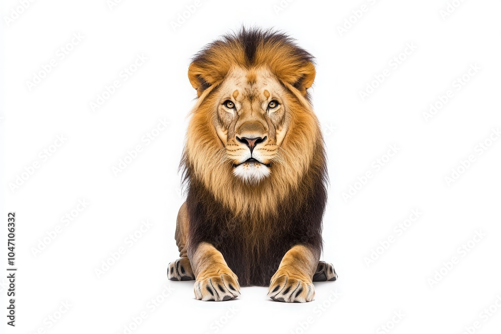 Obraz premium A stunning lion lies peacefully in the center, showcasing its magnificent mane and intense gaze. This solitary moment highlights the regal nature of the king of the jungle.