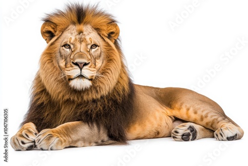 A lion lounges comfortably, showcasing its impressive mane. The animals relaxed demeanor highlights its strength and beauty. This majestic creature exudes a sense of calm and power.