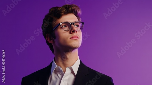 Young buisnessman wearing eyeglasses standing against purple background photo