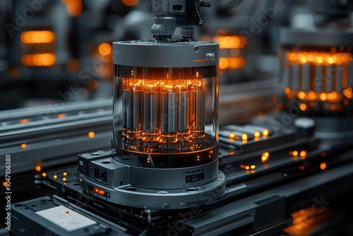 Close-up of a Glowing Cylinder in an Automated Manufacturing Process