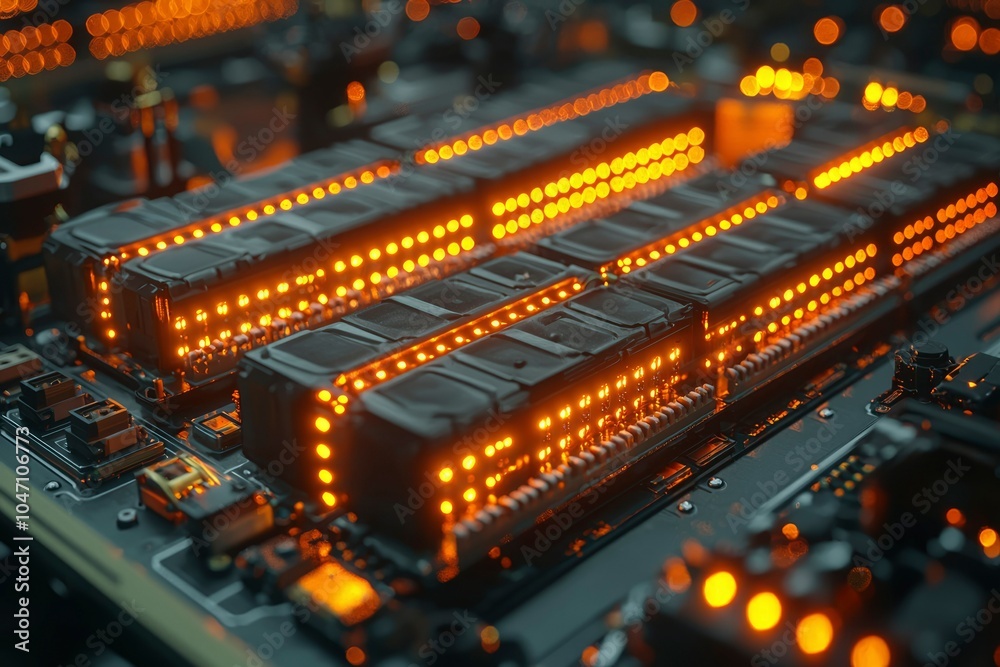 Close-up of illuminated circuit board with rows of glowing LEDs Close-up of illuminated circuit board with rows of glowing LEDs